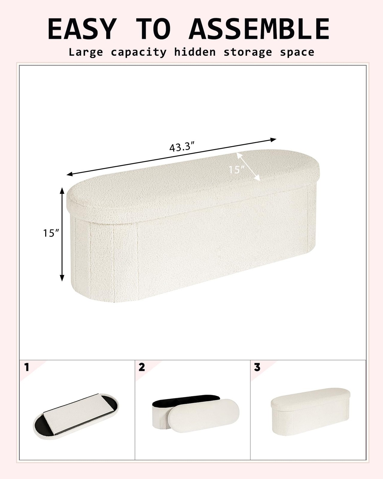 Storage Ottoman Bench, 43.3 Inches Oval Ottoman with Storage, Teddy Boucle Fo...