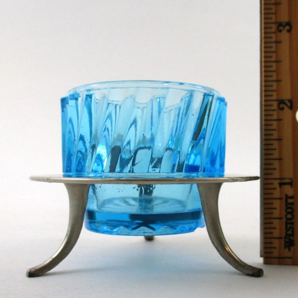 Sapphire BLUE Ribbed Swirl pressed glass OPEN SALT, Footed Metal STAND - GERMANY