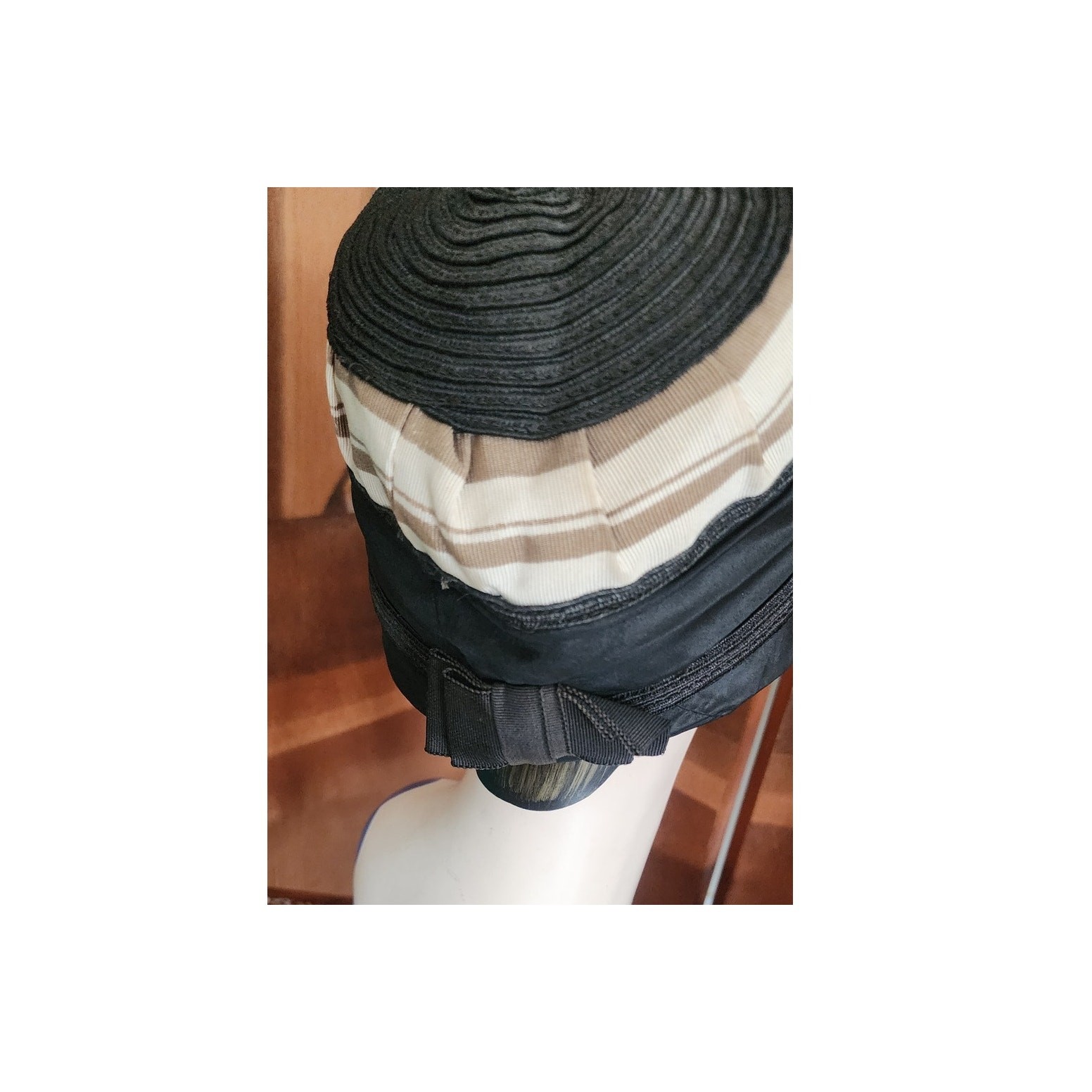 Vintage 20s Cloche Hat Black Beige Silk Tall Toque