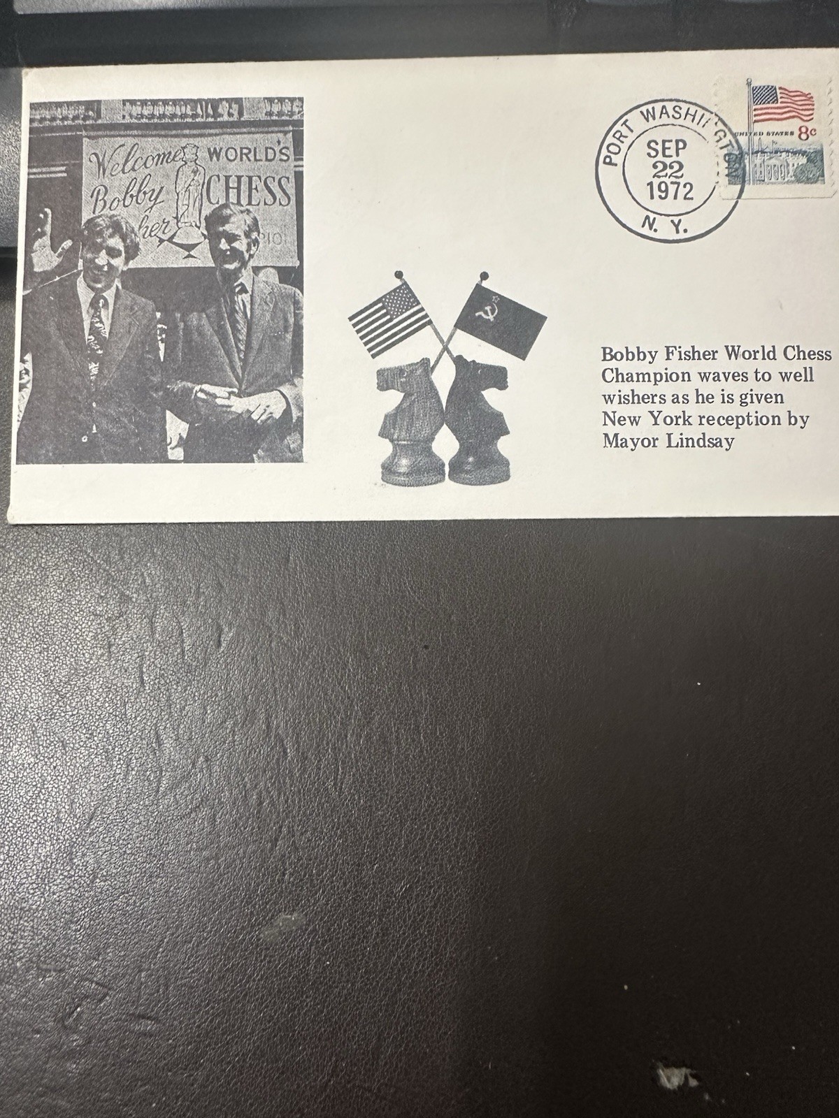 Bobby Fischer and NY Mayor Lindsay Post Envelope Stamped, Water Mark Sep 22 1972