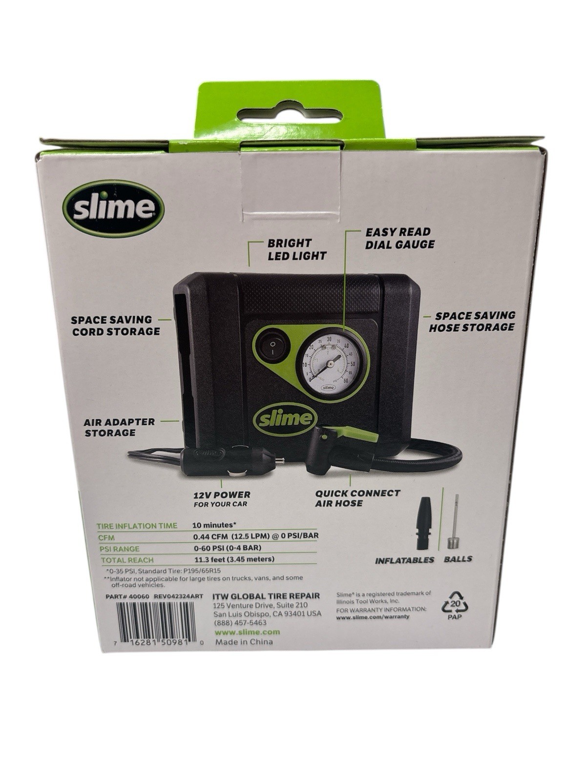 Slime 40060 Compact 12V Portable Car Air Compressor/ Tire Inflator Black