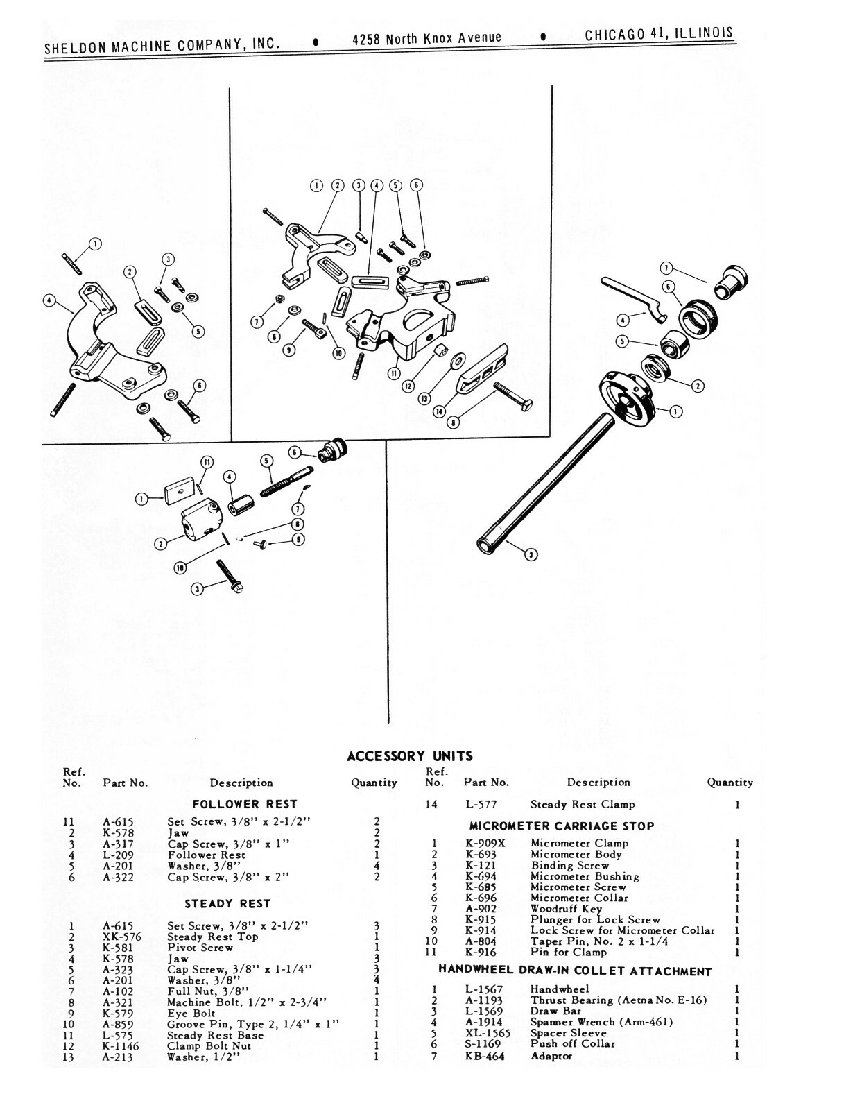 Sheldon 11" Lathe Models S-56 & KS Replacement Parts List Manual #1208