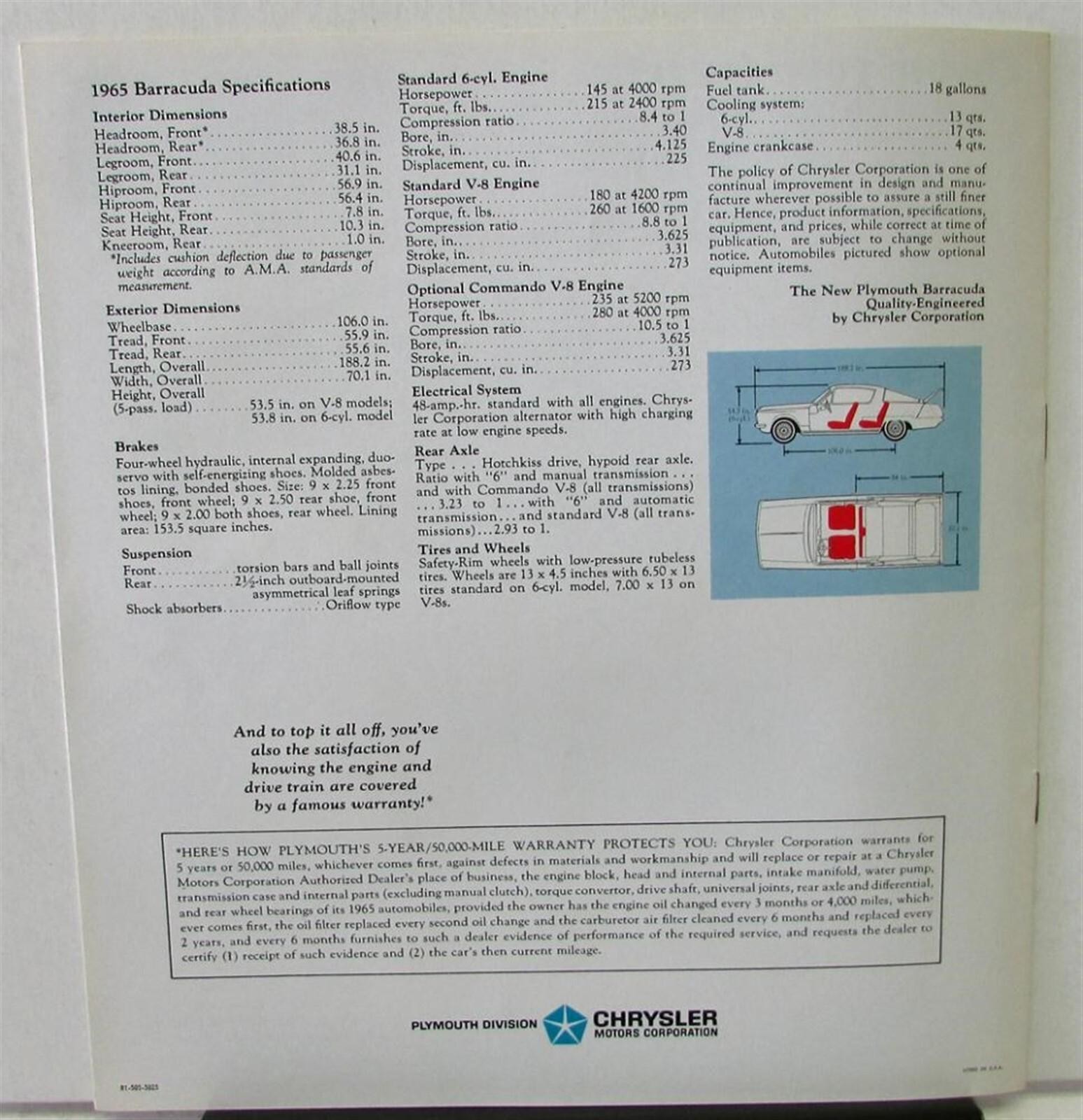 1965 Plymouth Dealer Color Sales Brochure Barracuda Fastback Features Options