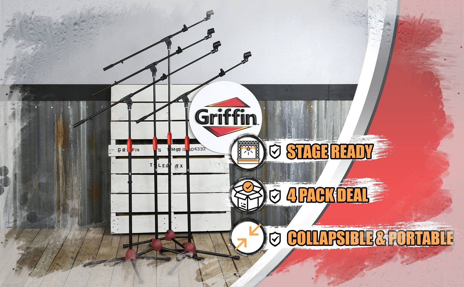 GRIFFIN Microphone Boom Stand 4 PACK - Telescoping Tripod Mic Clip Mount Holder