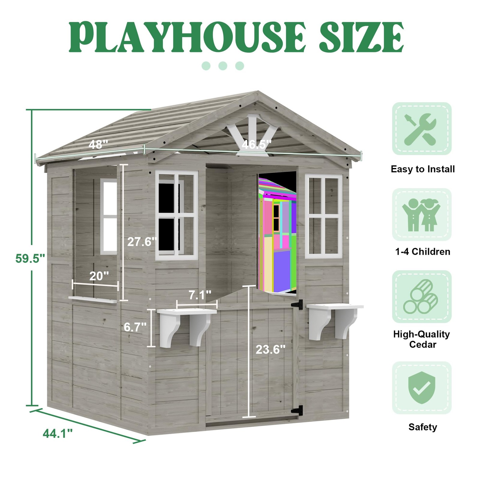 Cedar Wooden Kids Playhouse with Play Kitchen, Outdoor Toddler Cottage Backyard
