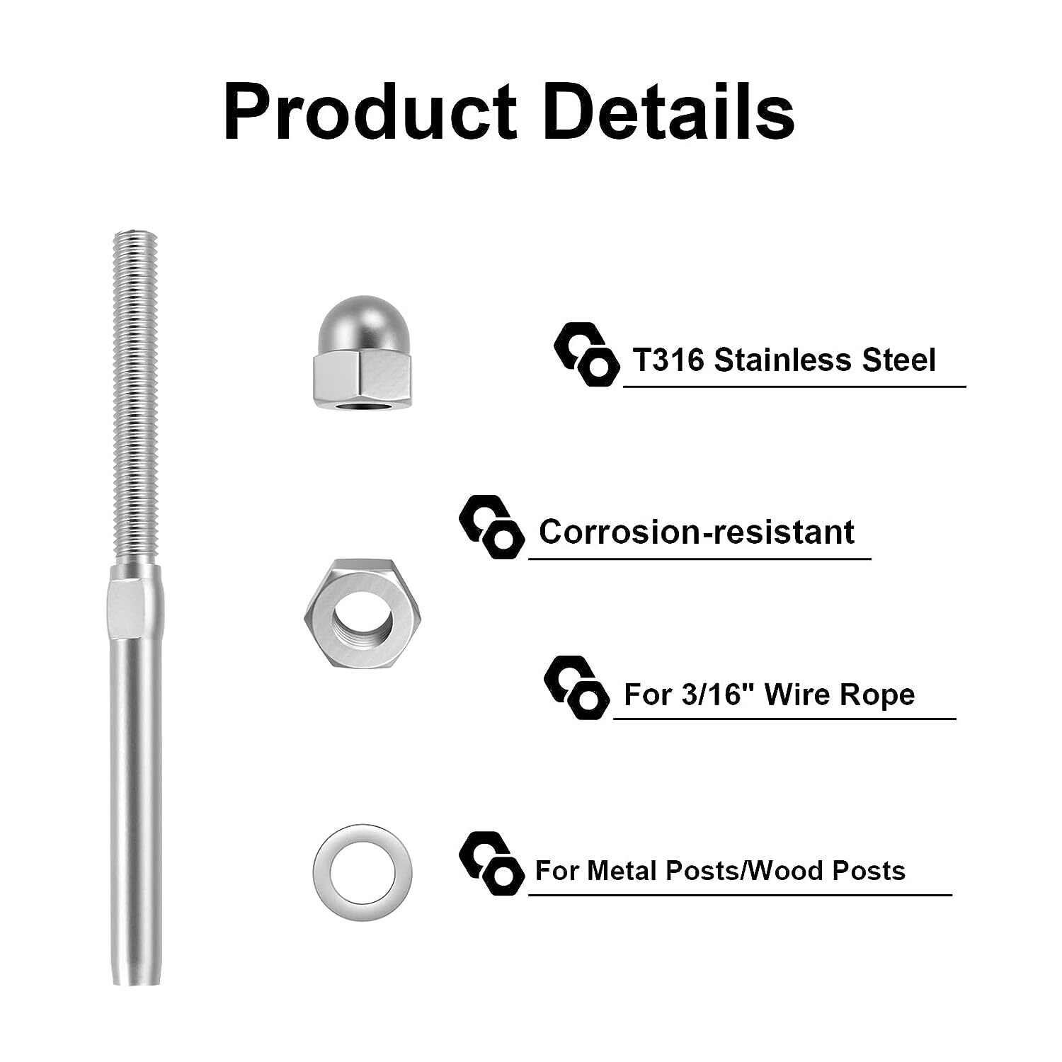 T316 Stainless Steel Swage Threaded Tensioner End Fittings 3/16" Cable Railing