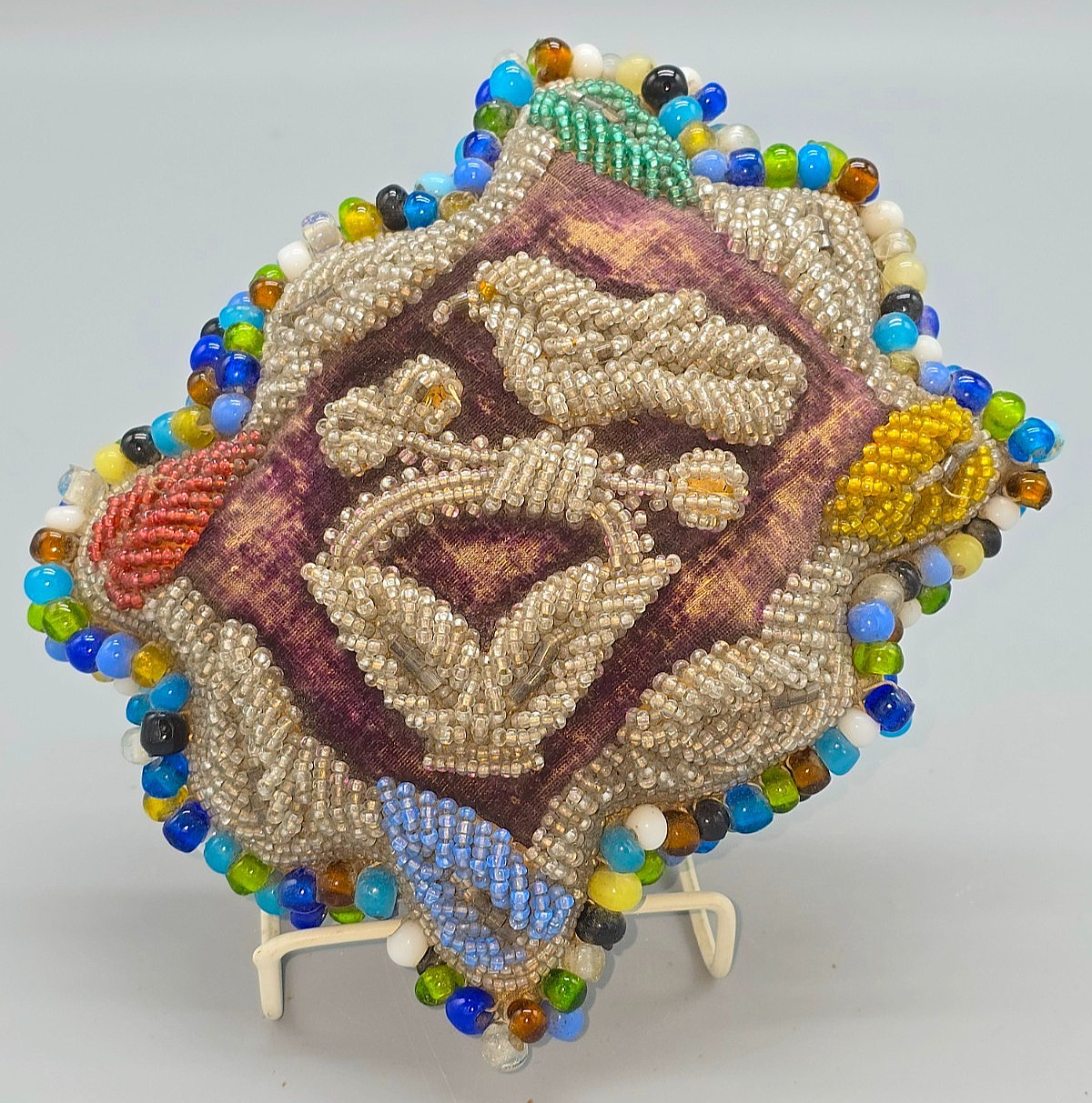 Antique Iroquois Nation 8x6" BEADED BIRD ON BASKET INTRICATE PINCUSHION/WALL ART