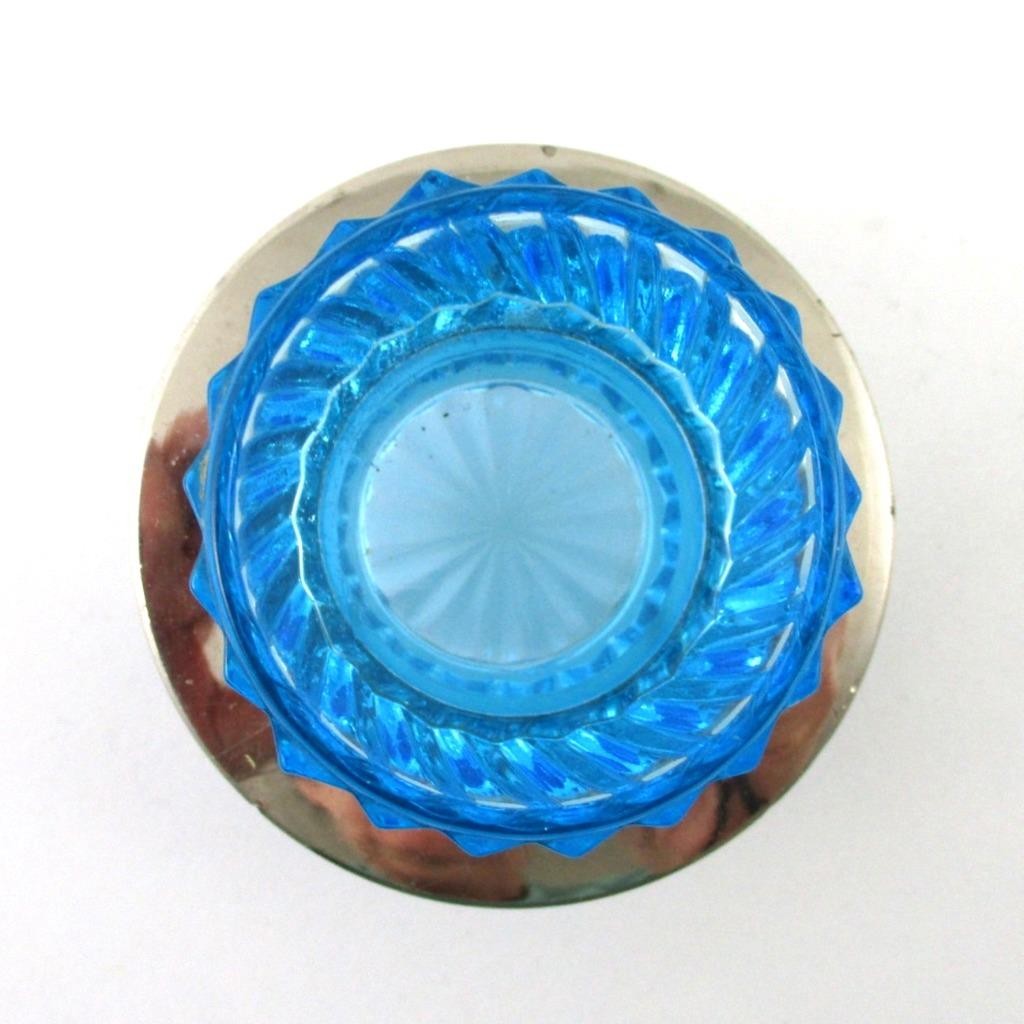 Sapphire BLUE Ribbed Swirl pressed glass OPEN SALT, Footed Metal STAND - GERMANY