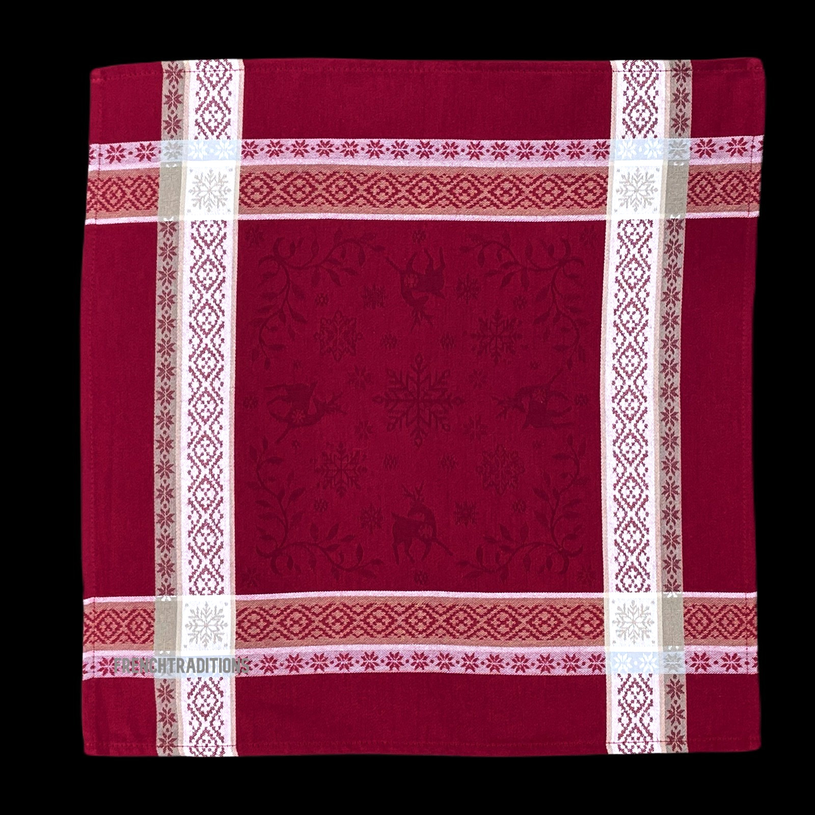 French Provencal Set of 6 Napkins Edelweiss, Reindeers Noel Red Made In France