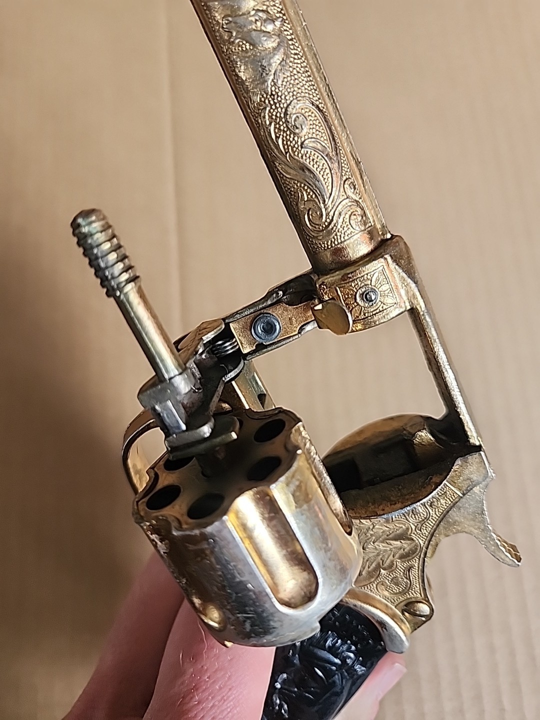 VINTAGE KILGORE BRONCO GOLD PLATED CAP GUN WITH BLACK GRIPS - 1950's WORKING