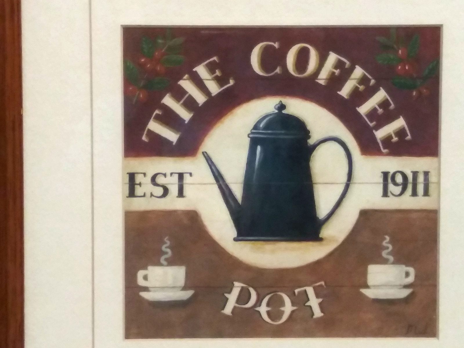 Coffee Themed Wall art "THE COFFEE POT " wood framed w/glass wall hanging 15x15