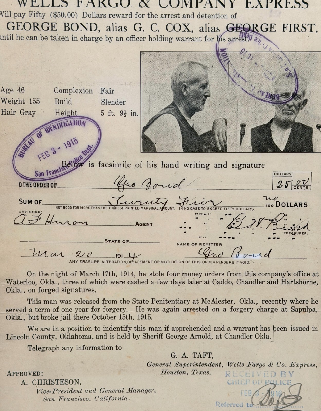 Antique Wells Fargo & Co Reward Wanted Poster Criminal Robber Western Outlaw #2