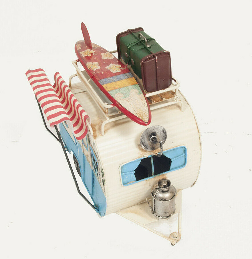 1960s Travel Camping Trailer Metal Model 9" Camper w/ Piggy Bank & Photo Frame