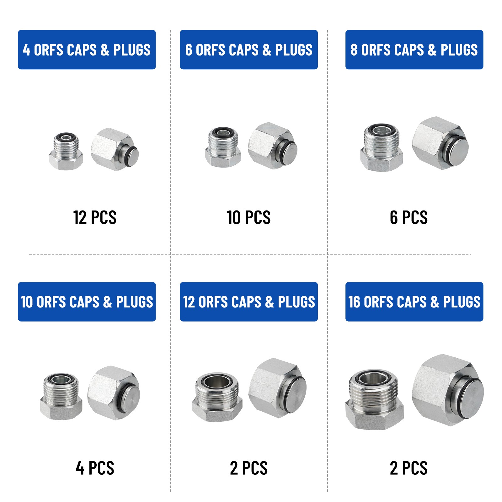 144Pcs 37° JIC & ORFS Hydraulic Cap and Plug Kit Hose Tube and Pipe Fitting Set