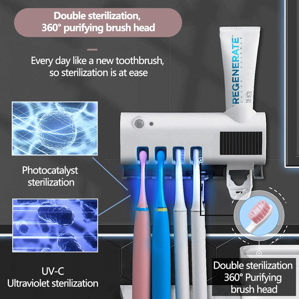 UV Toothbrush Holder Sterilizer with Auto Toothpaste Dispenser Bathroom