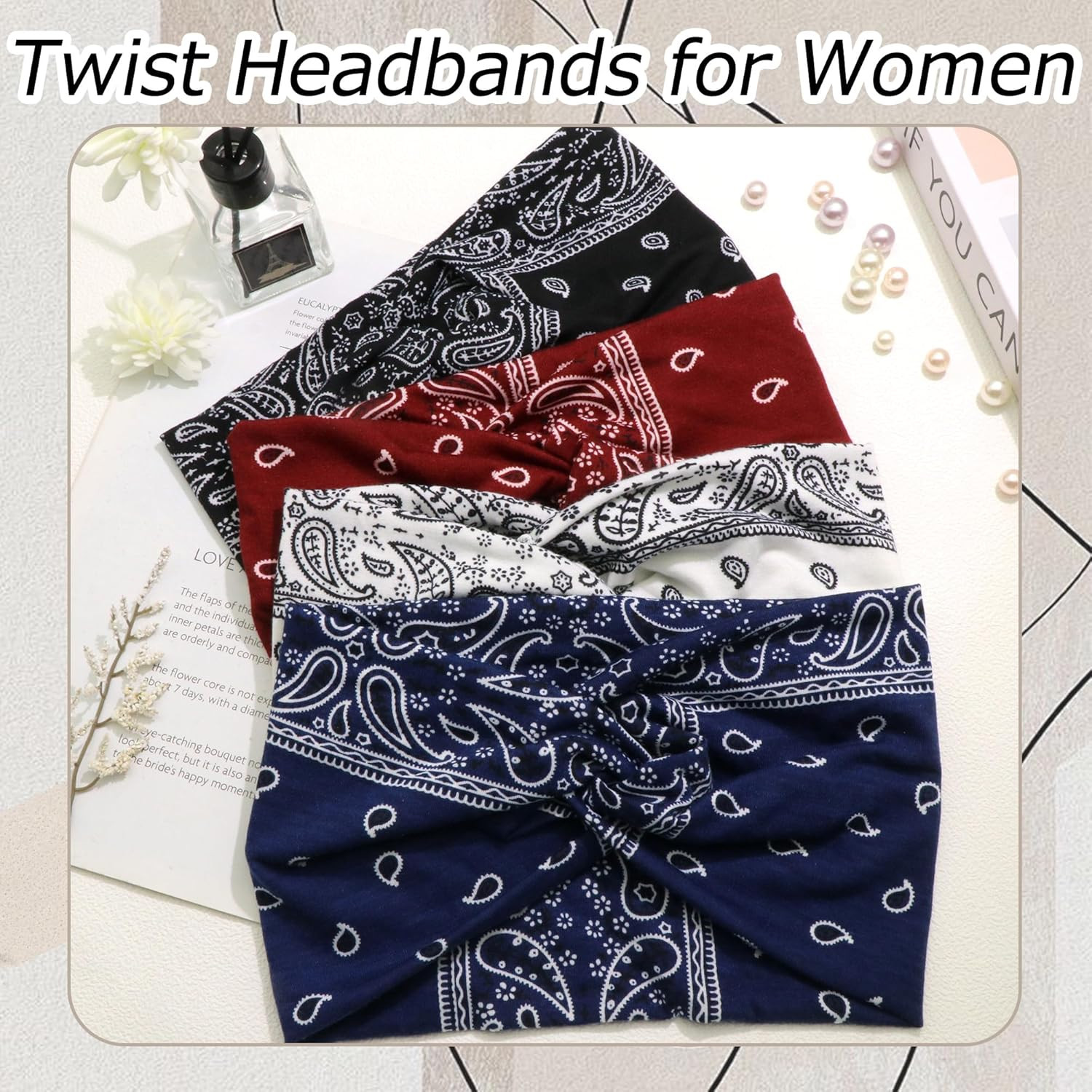4 Pack Wide Headbands for Women Paisley Twist Hair Bands Stretchy Cross Head Tur
