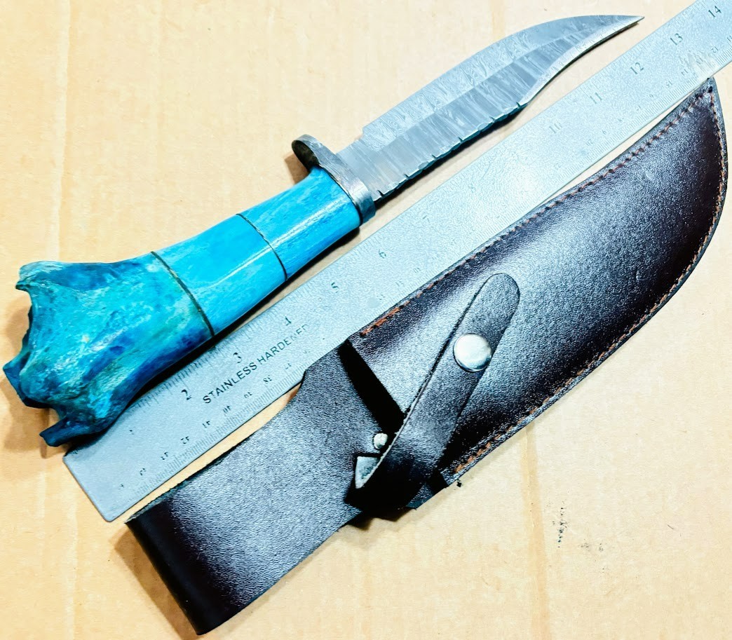 Blue Stag Bone Handle Damascus Fixed Blade Knife, Custom Made