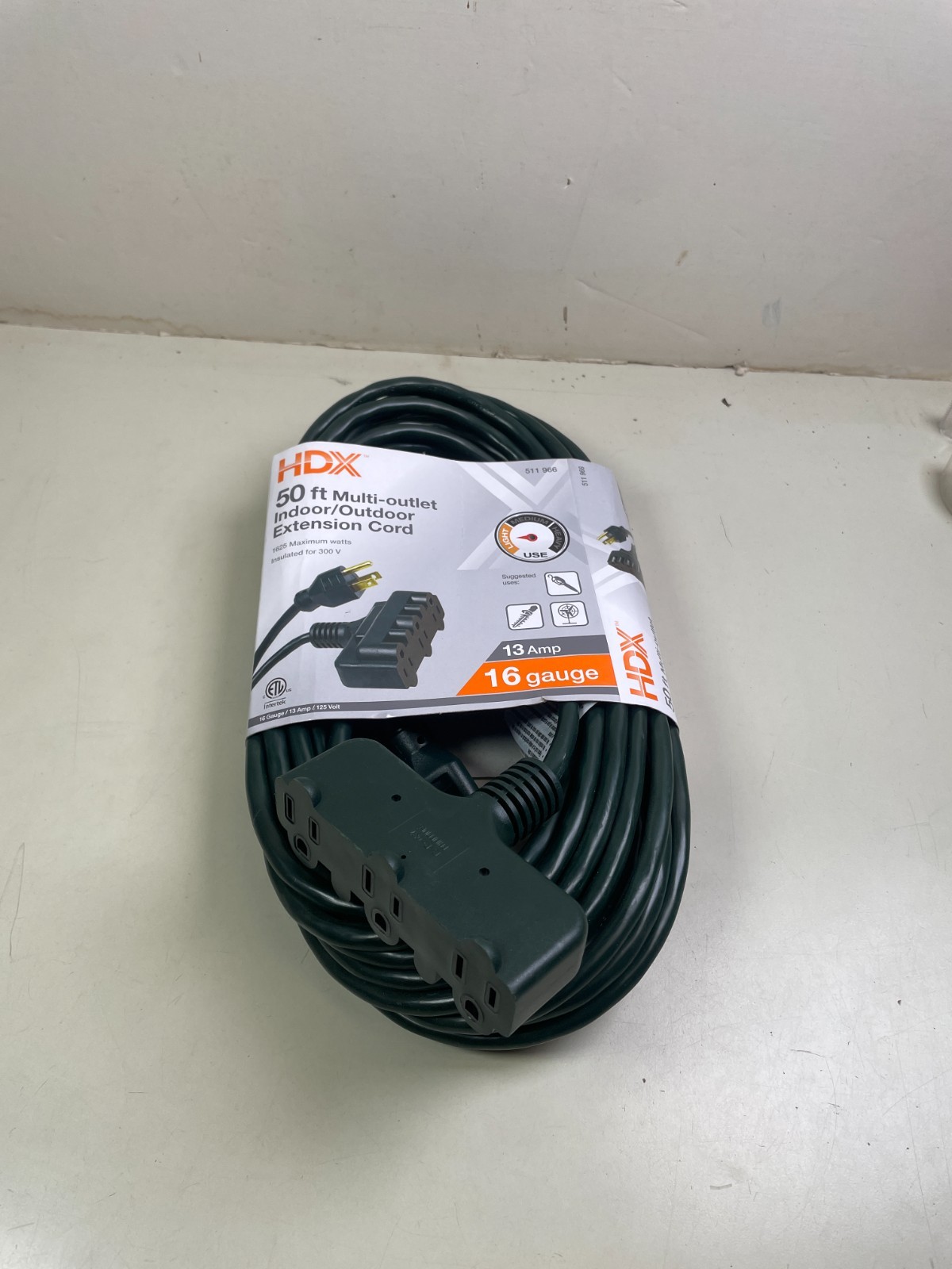 HDX 50 ft. 16/3 Indoor/Outdoor Extension Cord Triple Tap End, 3-Outlet Green