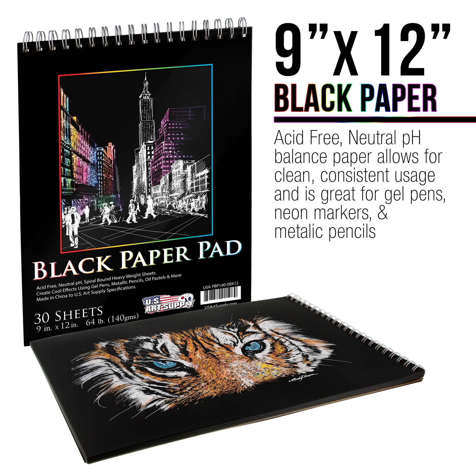 9"x12" Black Heavyweight Paper Spiral Bound Sketch Pad,140gsm,30 Sheets (2 Pads)