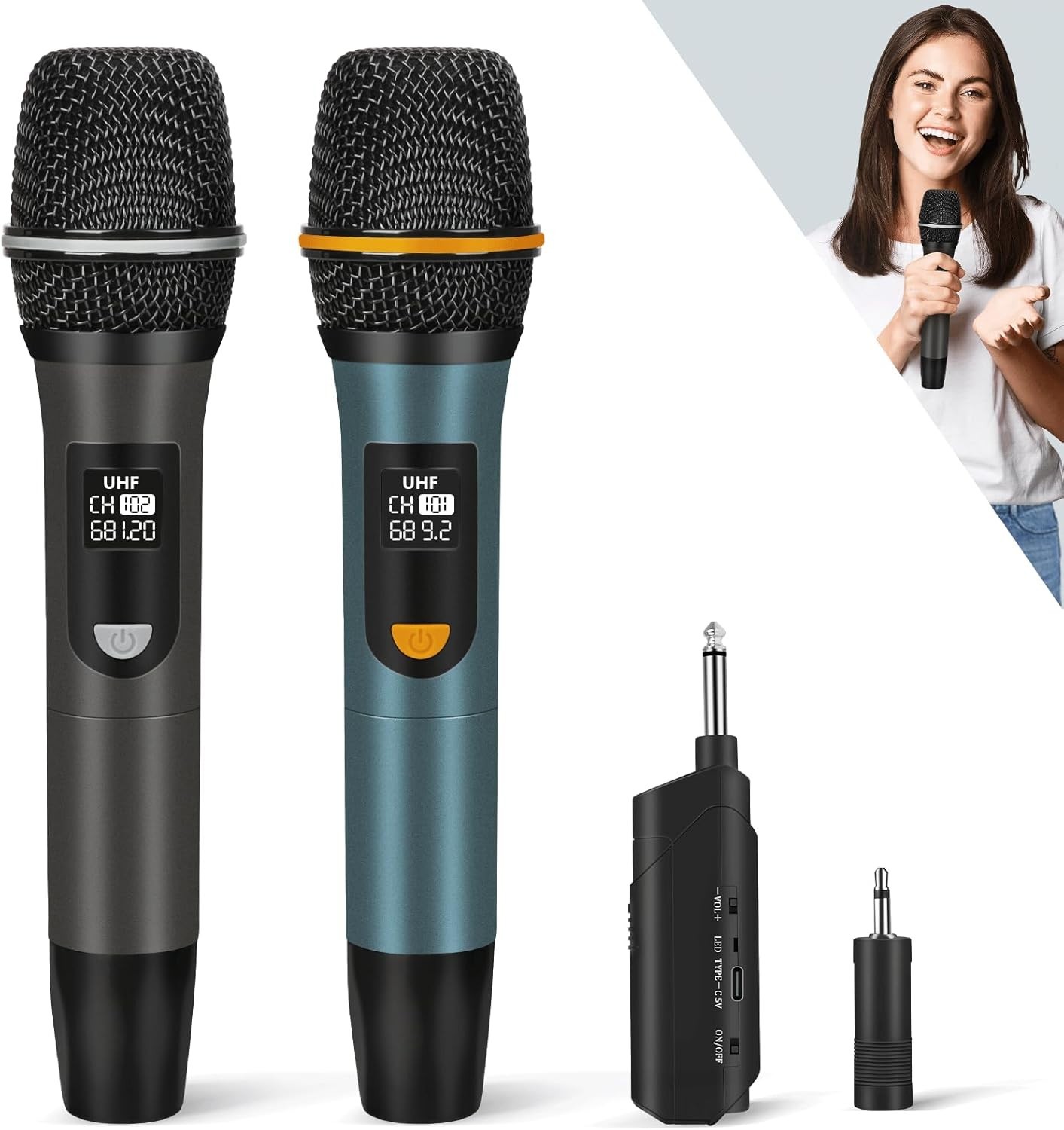 Wireless Microphones, UHF Metal Rechargeable Cordless Dynamic Mic System with Au