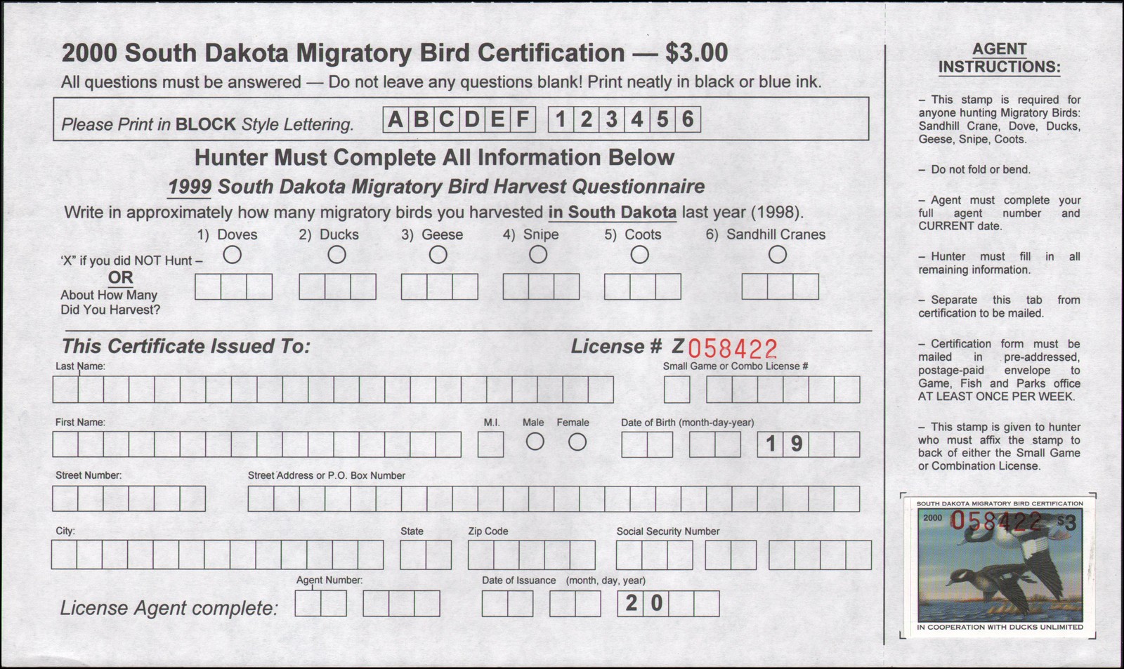 US state revenue-South Dakota MNH 2000 duck stamp with certification