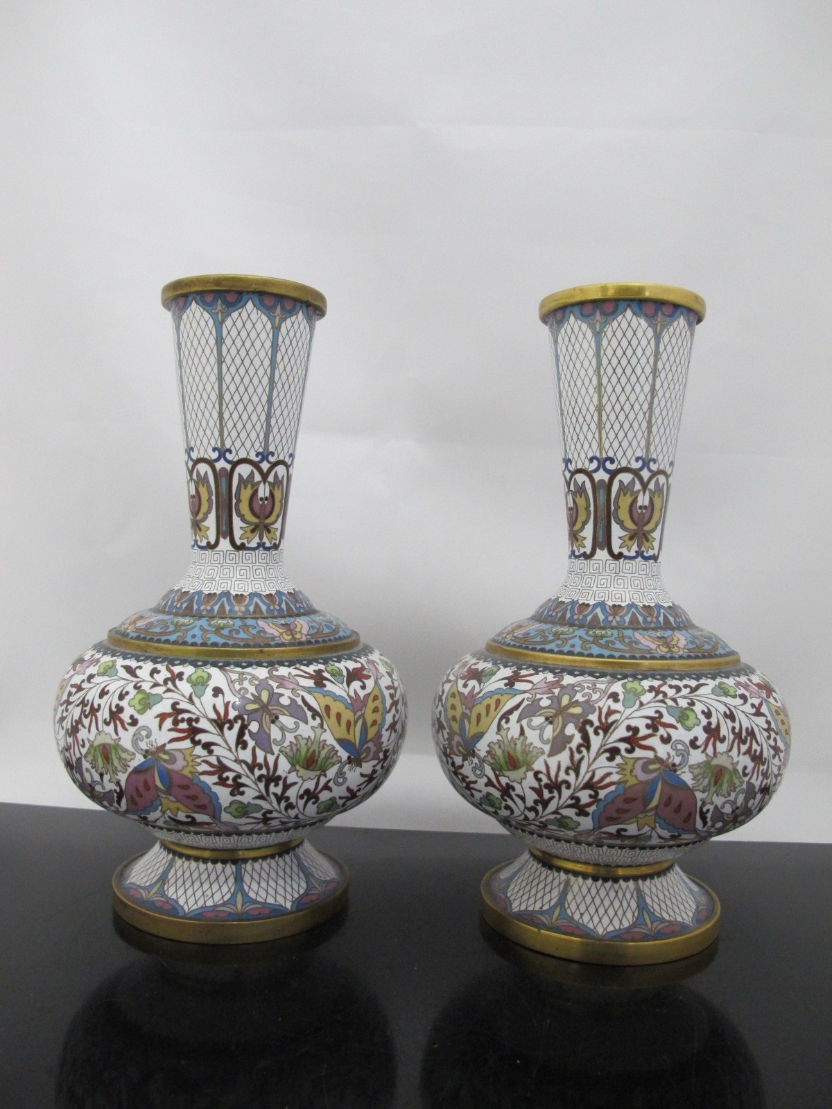 CHINESE White Enamel CLOISONNE Colorful Butterfly & Flower Vase Pair