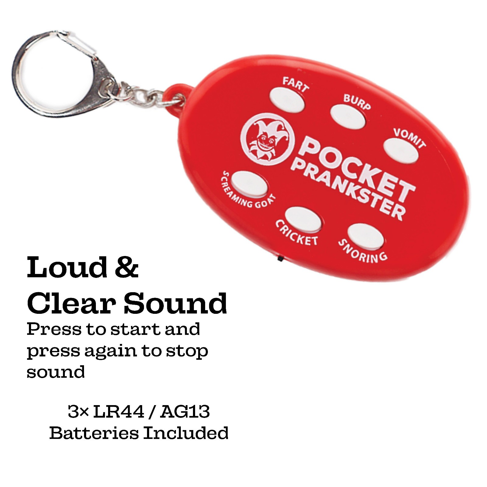 Pocket Prankster Sound Keychain with Fart, Burp, Vomit, Screaming Goat, Cricket,