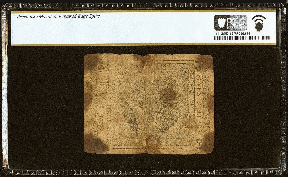 1778 American Revolution $7 Continental Currency, Colonial Banknote CC-80, PCGS