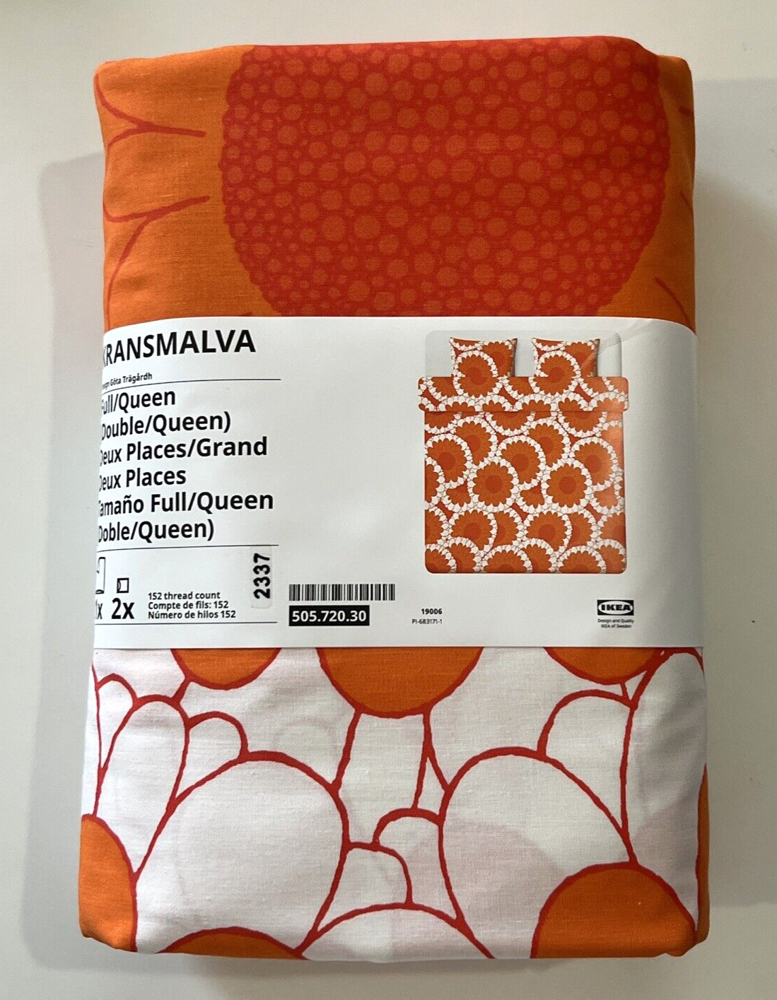 New IKEA KRANSMALVA Full Queen Duvet Cover + 2 Pillowcases Orange White Floral