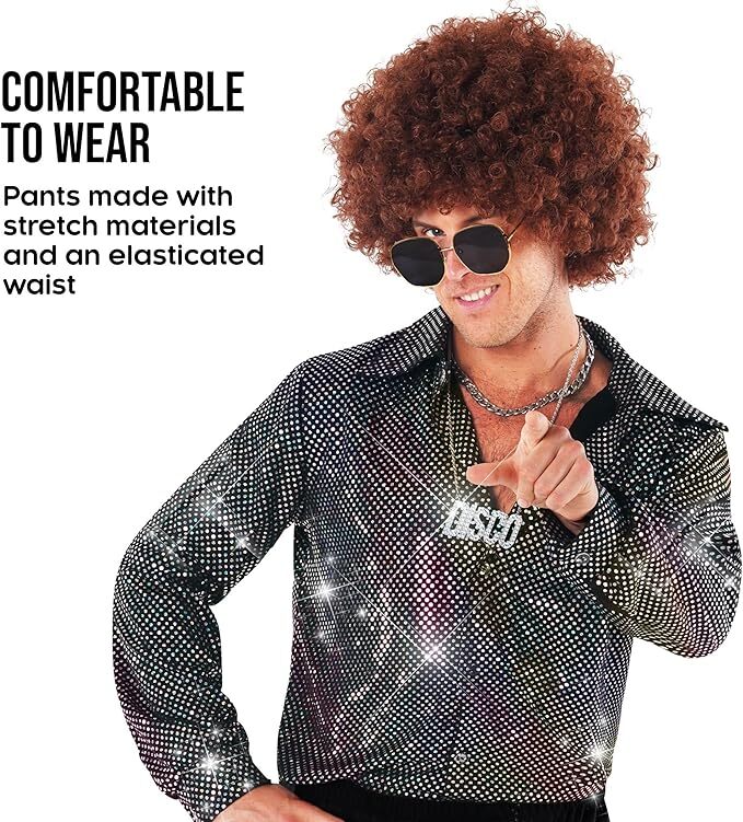 Men`s Disco Dude Costume Wig Sunglasses Adult 1970s Dance Outfit Flares S - 3XL