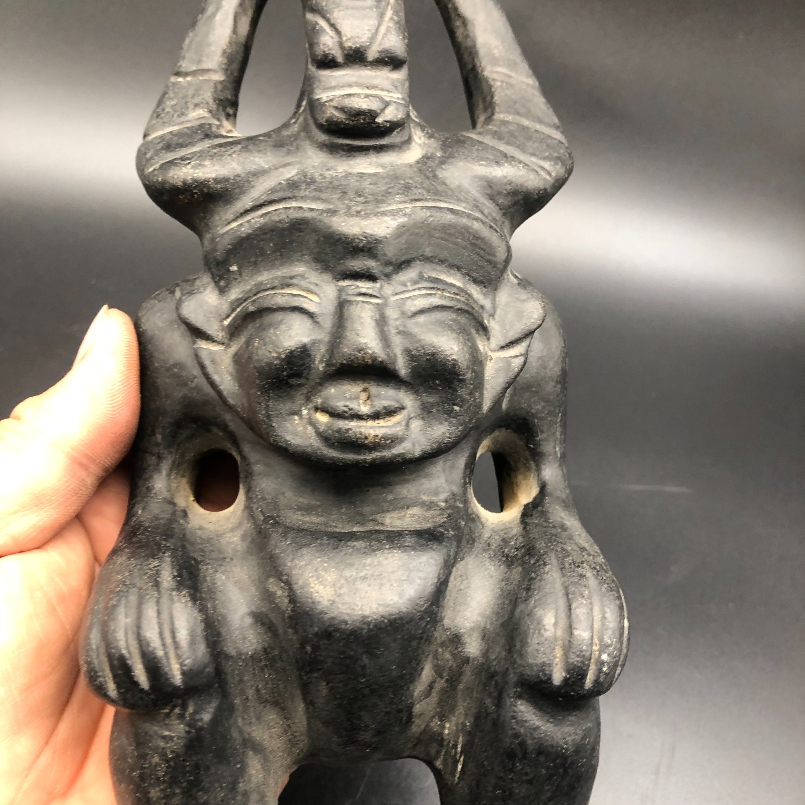 Old HongShan Culture Meteorite Jade Hand-Carved Sun God Helios&Pig Dragon Statue