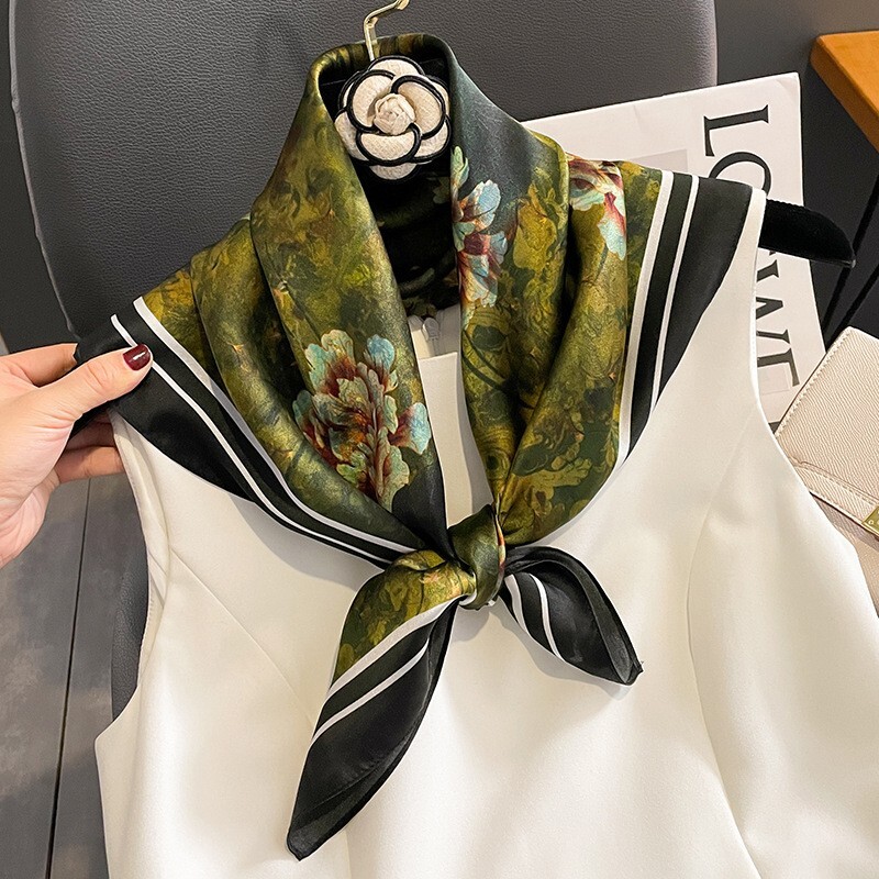 100% Silk Scarf Women Vintage Dark Green Flower Kerchief Headscarf Tied 68*68cm