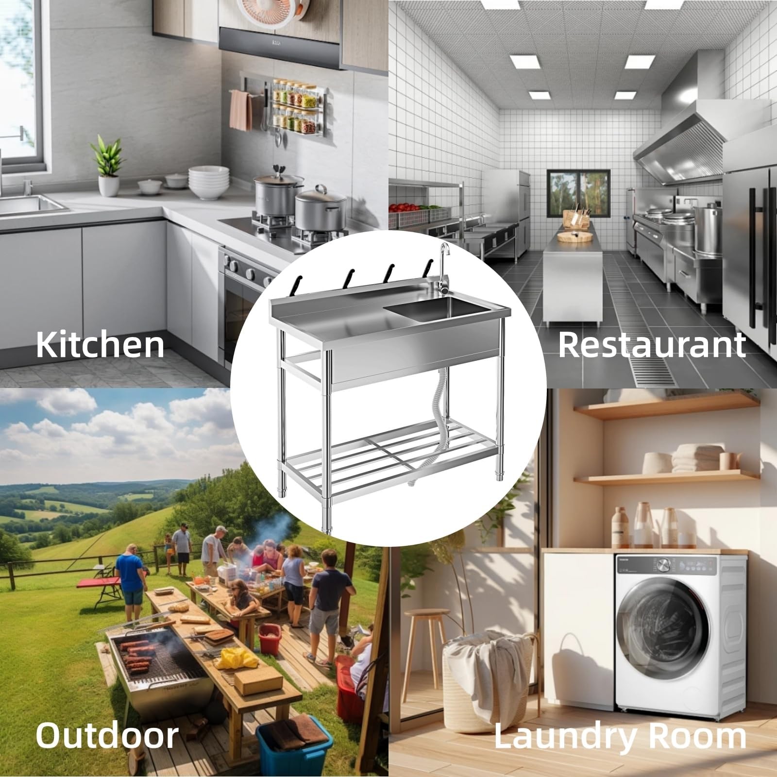 Stainless Steel Commercial Sink Utility Sink 1 Compartment Kitchen w/Prep Table