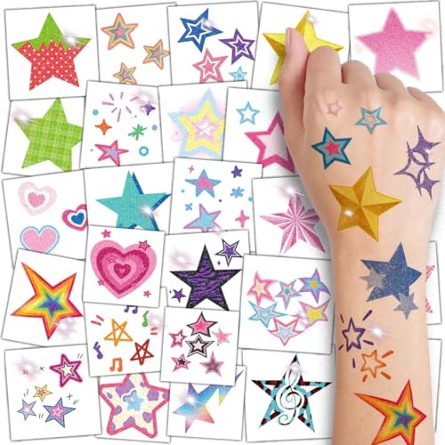 Glitter Stars Temporary Tattoos for Kids - 74 Individually Sheets | Waterproof