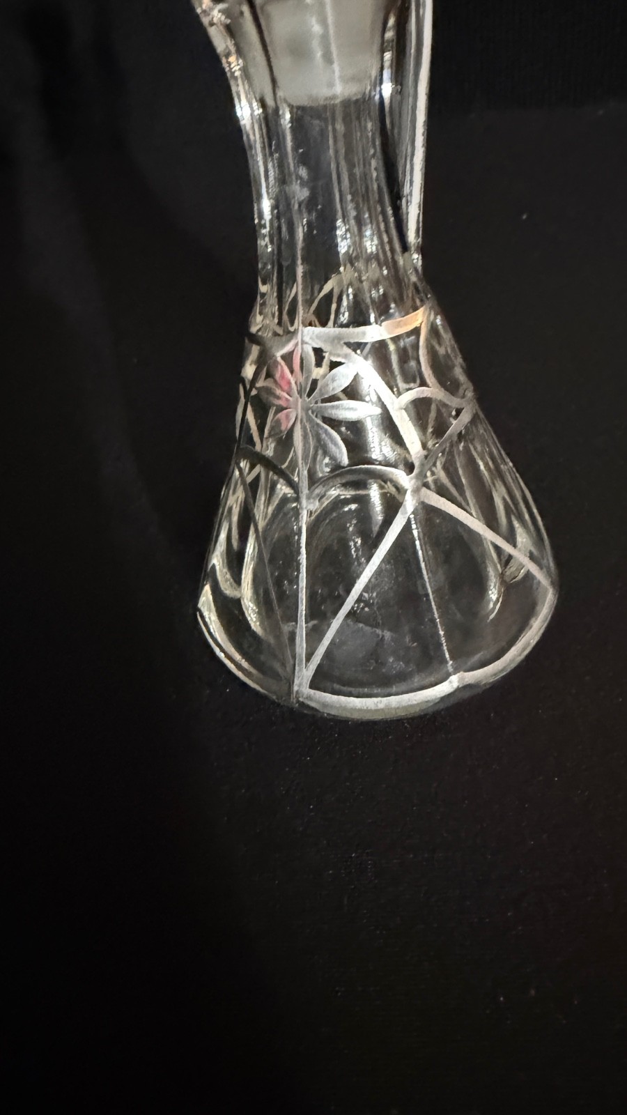 Antique Art Nouveau Sterling Overlay Glass Cruet Bottle w Stopper 6.5"