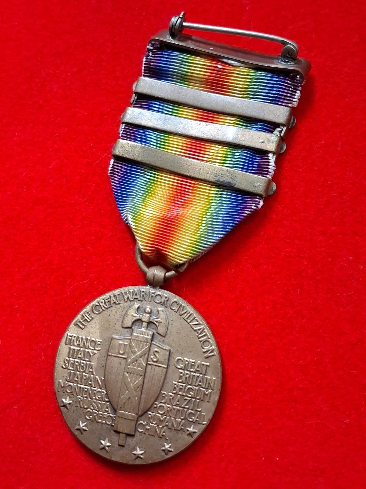 Original WW1 US Victory Medal 3 Clasps St. Mihiel Meuse-Argonne WWI Army 1918