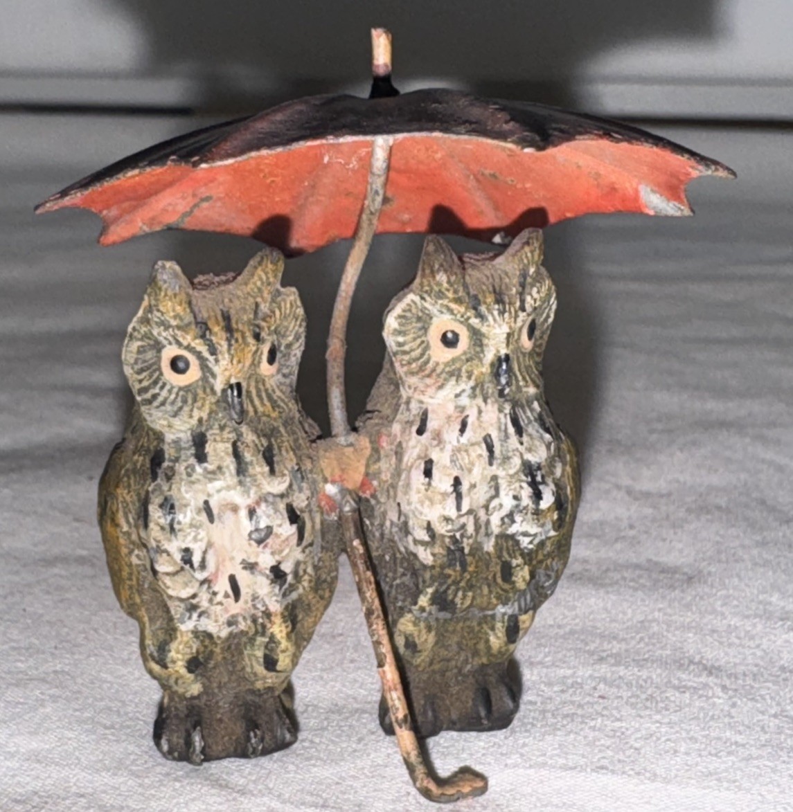 Antique Austrian Bronze Pair of Owls with Red Umbrella- Hand Painted 2in
