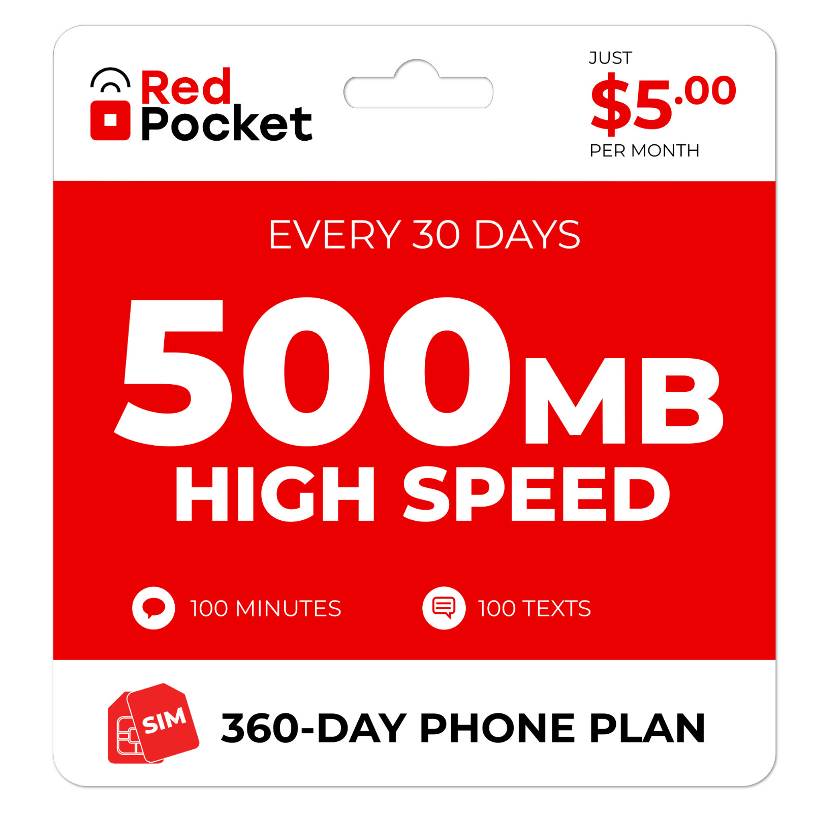 $5/Mo RedPocket Prepaid Wireless Phone Plan+Kit: 100 Talk 100 Text 500MB