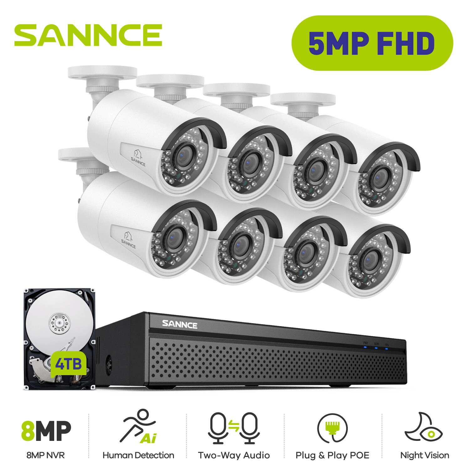 SANNCE 3MP 5MP Two Way Audio POE Security IP Camera System 8CH 8MP NVR Outdoor