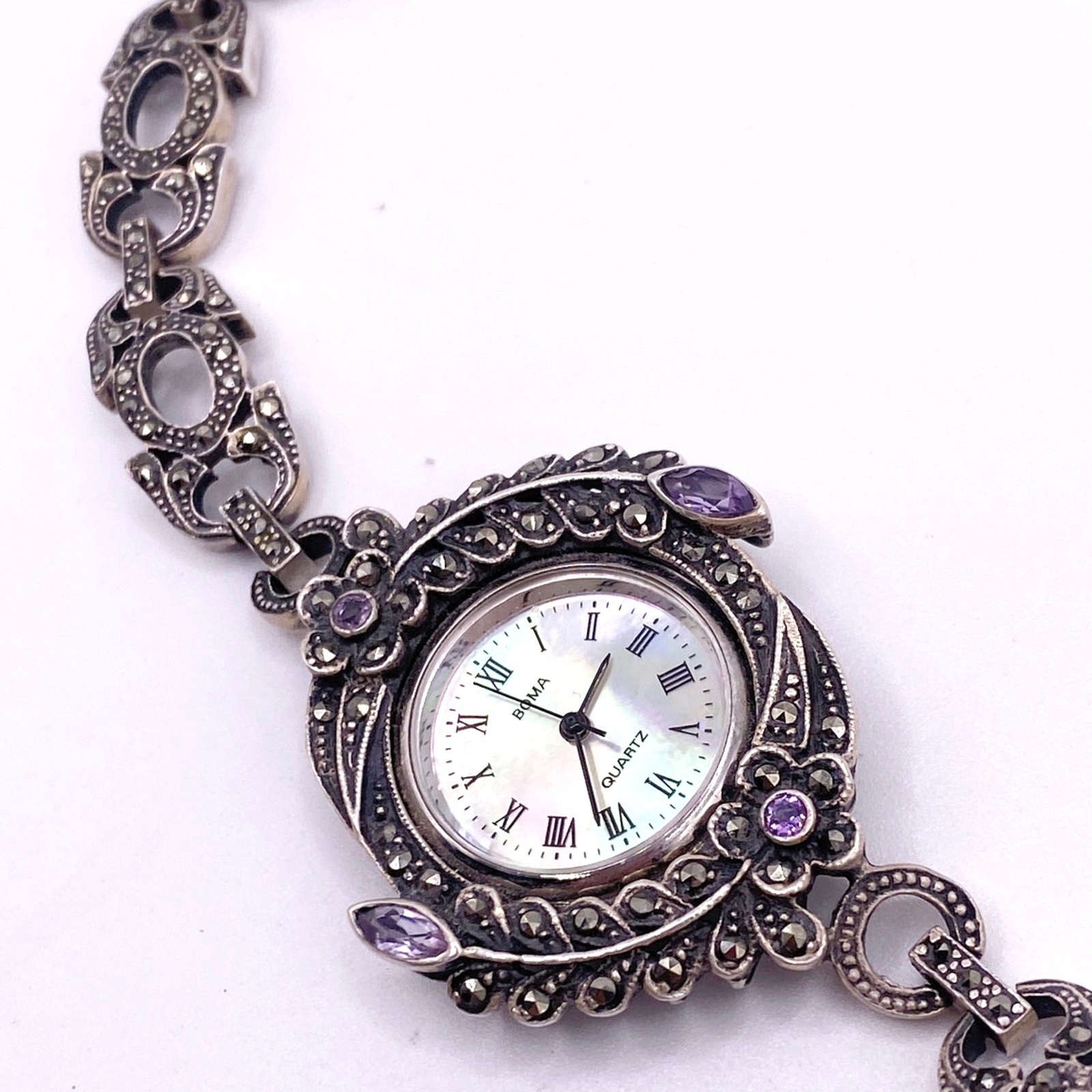 Boma Vintage Sterling Silver With Marcasite And Amethyst Watch 7”