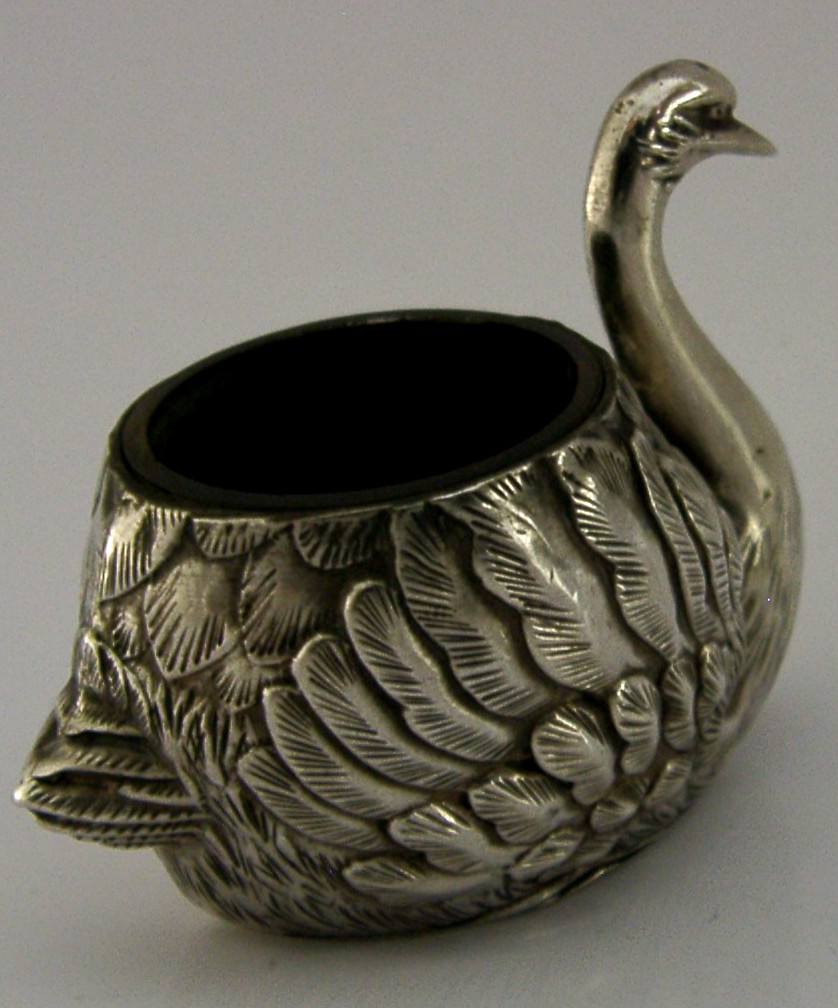 UNUSUAL JAPANESE 950 SOLID STERLING SILVER SWAN SALT CELLAR c1920 ANTIQUE