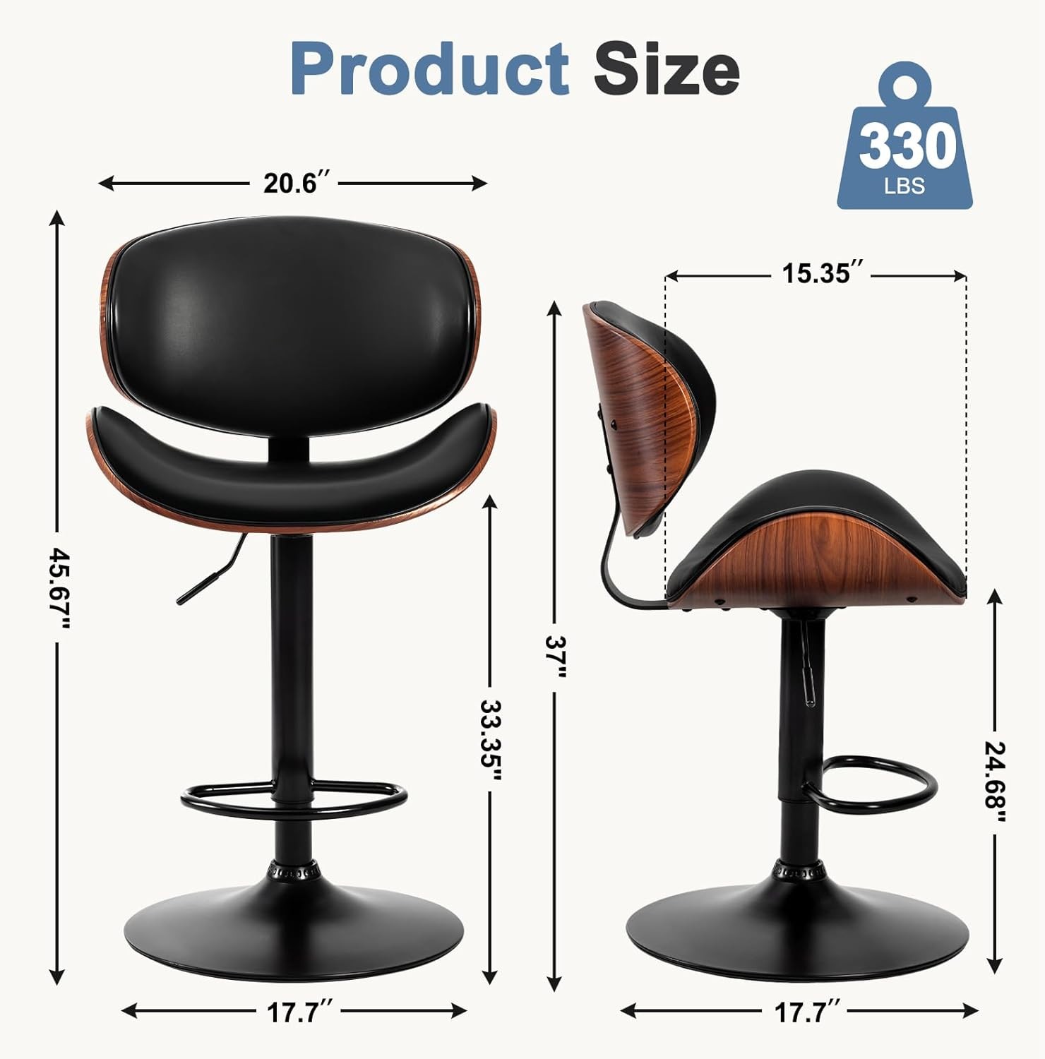 2Pcs Swivel Bar Stools,Adjustable Height,PU Leather Upholstery,w/Back&Footrest