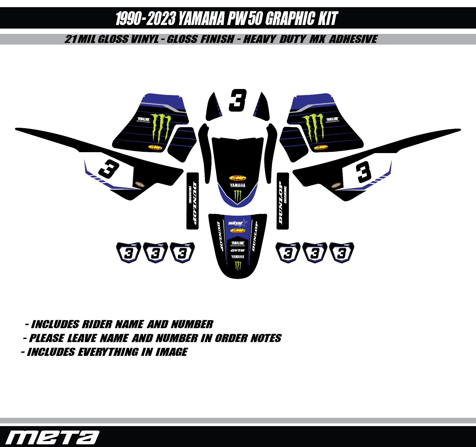 1990-2024 YAMAHA PW50 FACTORY GRAPHIC KIT with RIDER NUMBER MOTOCROSS DECALS