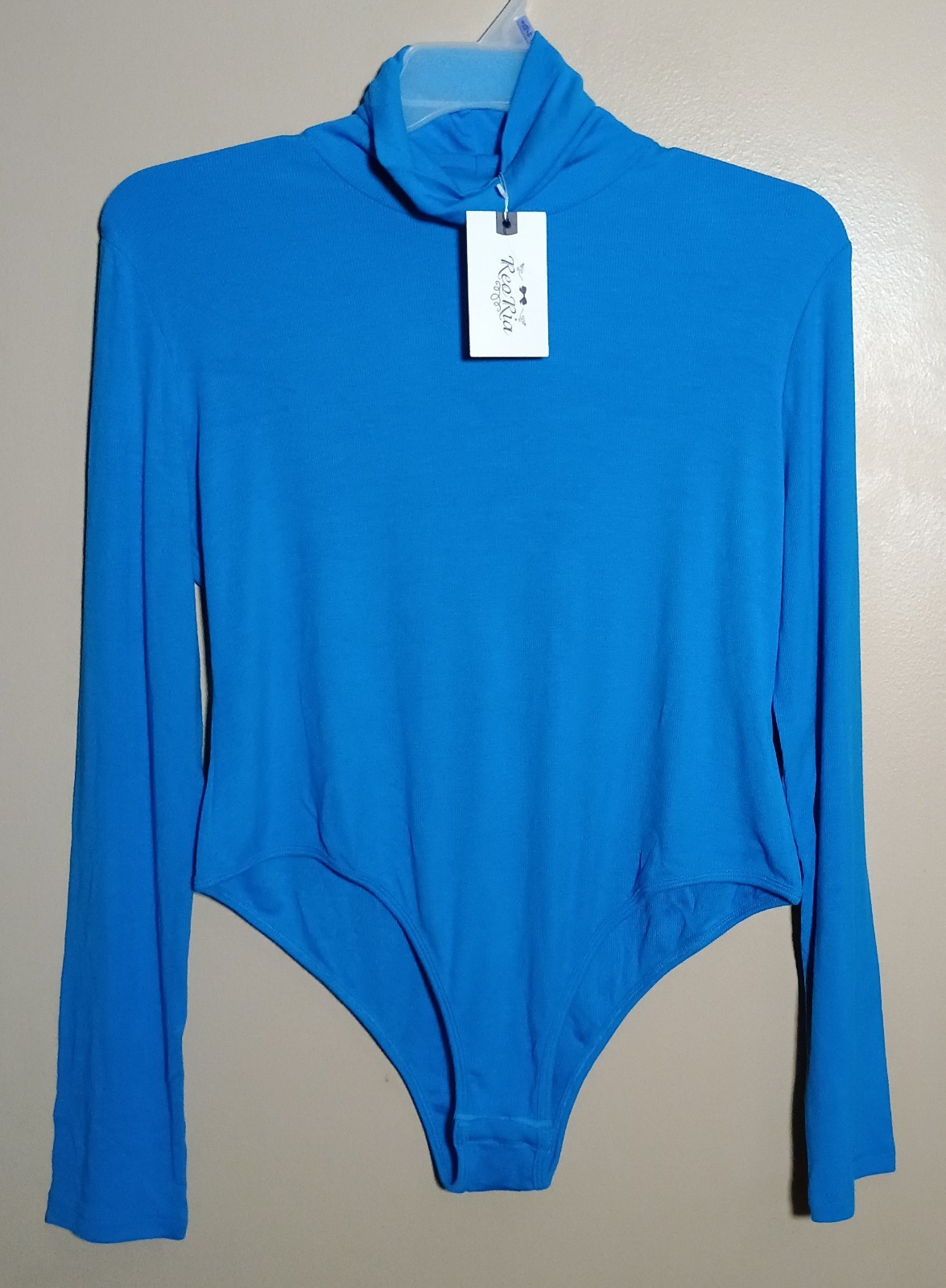 Reoria Women's 2X Blue Turtleneck Long Sleeve Bodysuit Ribbed Thong Leotard Top