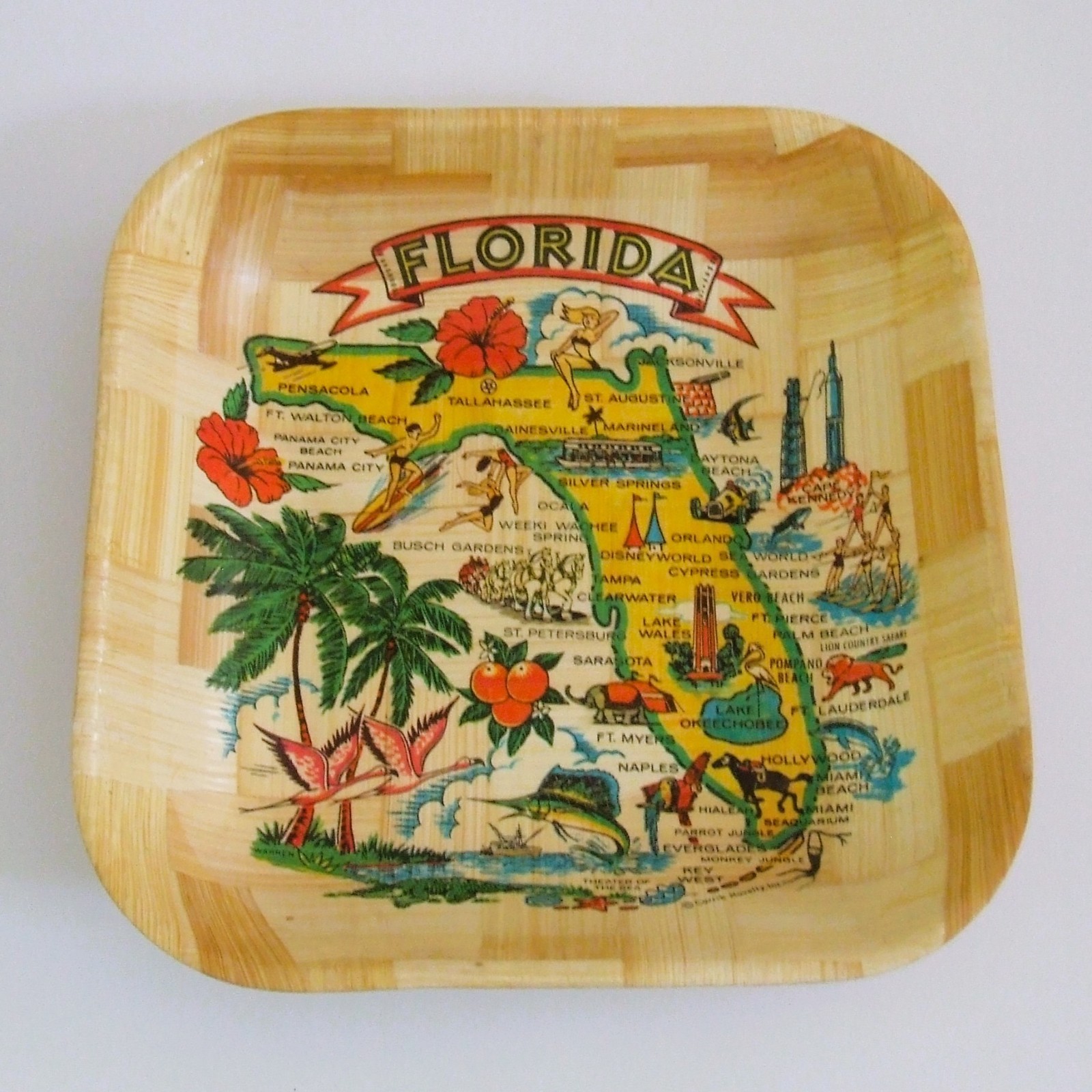 Carrib Novelty Florida State Map Square 11" Bamboo Bowl Retro Inspired Souvenir