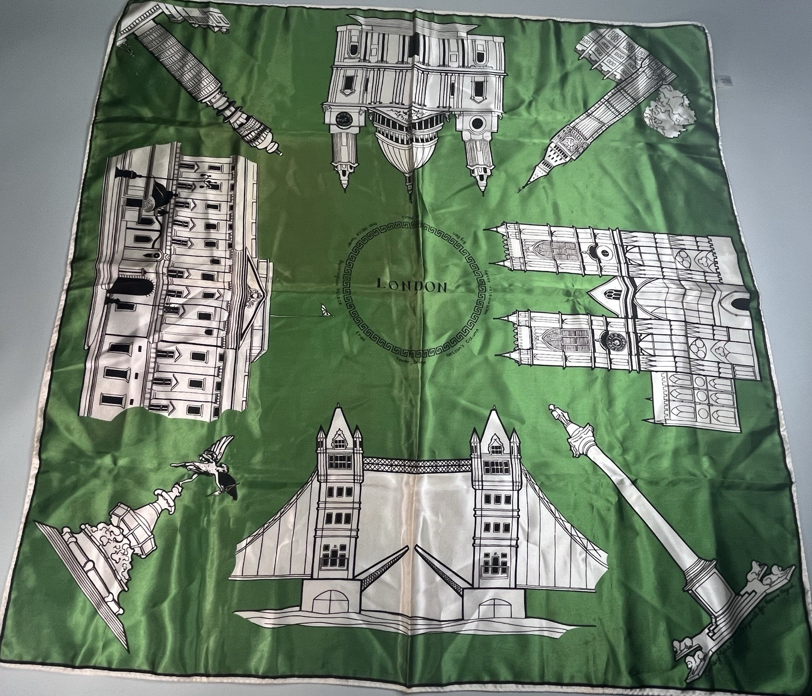 Carey Masters Scarf Vintage London Scenes Souvenir Acetate Satin, Japan, 31"