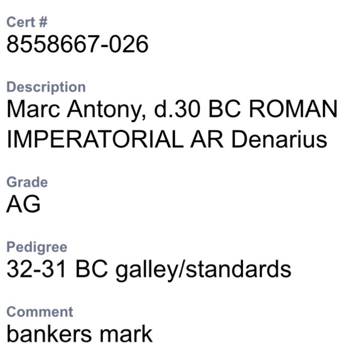 Marc Antony Silver Denarius 30BC Roman Imperatorial Legion NGC Graded Certified