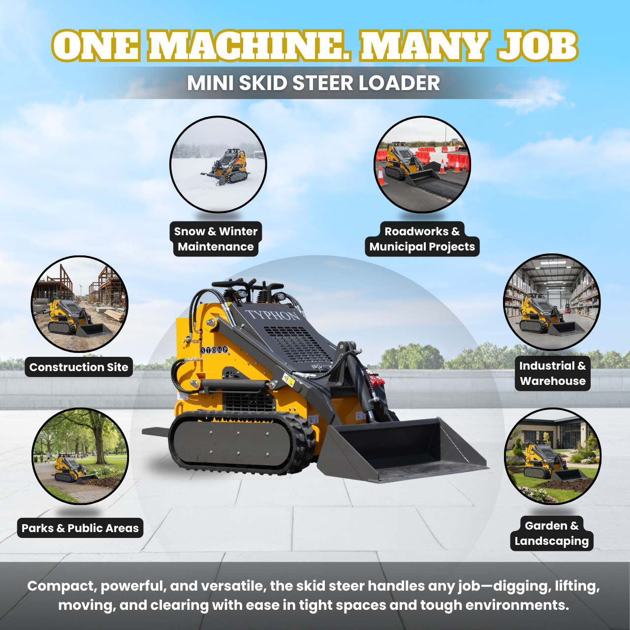 Free Shipping Mini Skid Steer Loader TYPHON STOMP 501 Compact Track 23.5 HP Gas