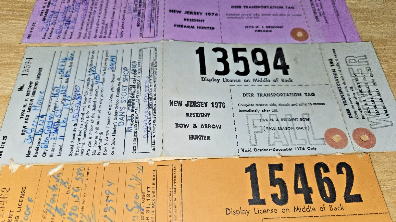 Lot 7 Deer Licenses Tags New Jersey State Big Game Firearm Bow Hunter 1975-1979