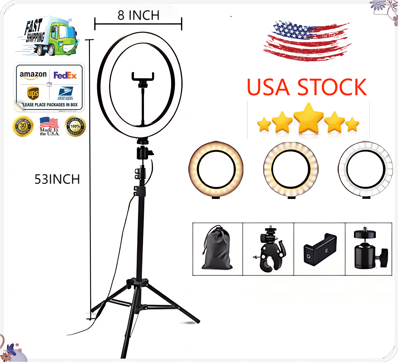 8-Inch Ring Light with 53-Inch Tripod, USB Powered, Phone Holder for Streaming..